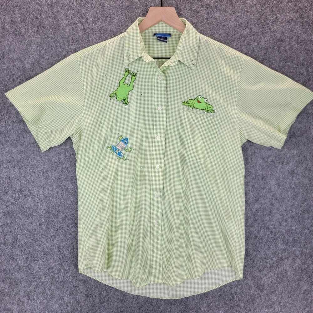 Las Olas Shirt Womens M Green Gingham Embroidered Frog Button Up Short Sleeve - Picture 1 of 12